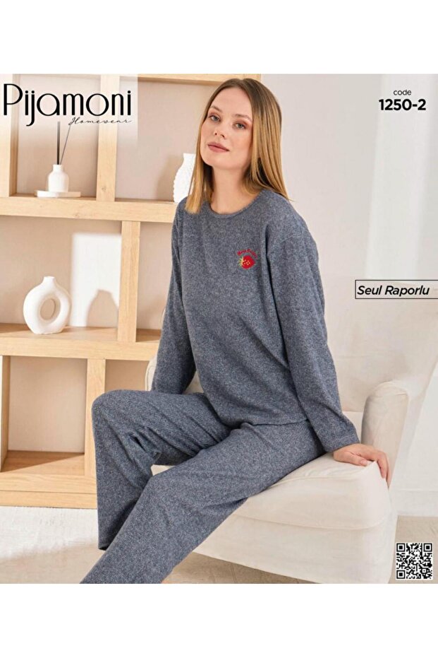Smoked Strawberry Pattern Long Sleeve Seoul Knitted Women's Pajama Set