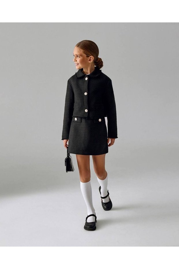 Girl's Black Two-Piece Stylish Suit with Woven Skirt, Perfect Fit.