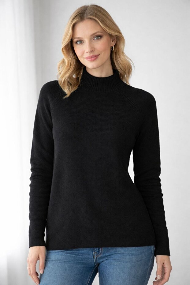 Black Tricot Sweater with Standing Collar for Women