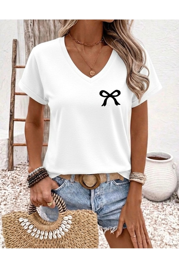 Ribbon Printed Women's Oversize V-Neck T-Shirt