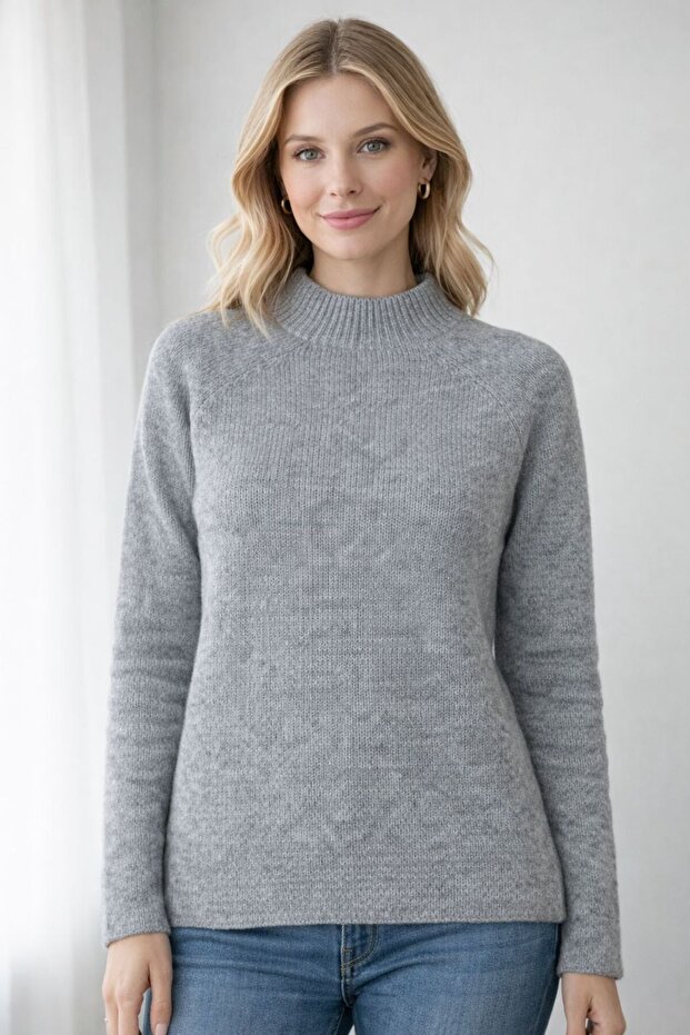 Black Tricot Sweater with Standing Collar for Women