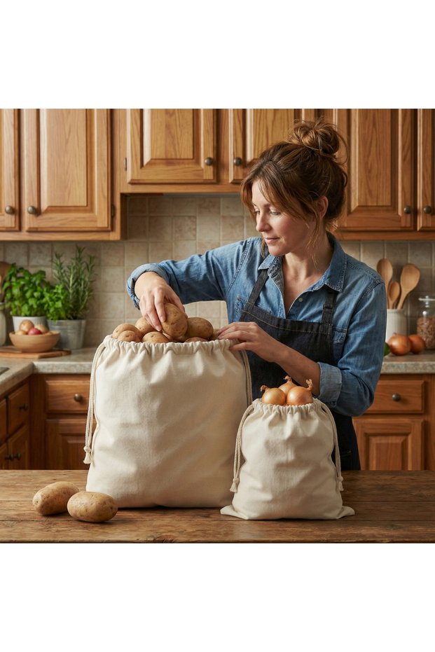 Raw Cloth Potato Onion Storage Sack Set Breathable Natural Vegetable Bag Set of 2 (40X50 & 30X40 cm)