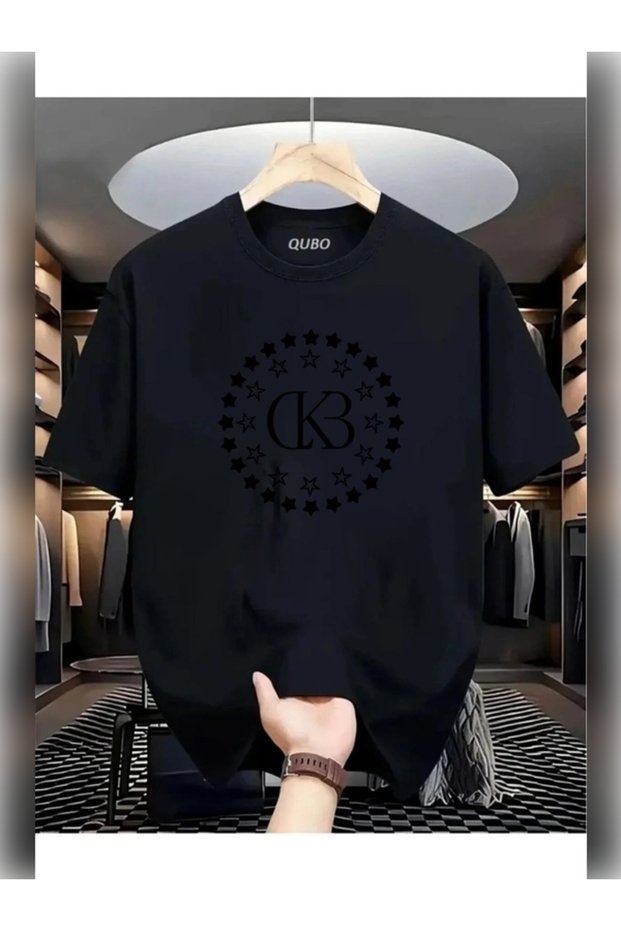 Qubo Unisex Oversize Printed Cotton Crew Neck Short Sleeve Black T-Shirt