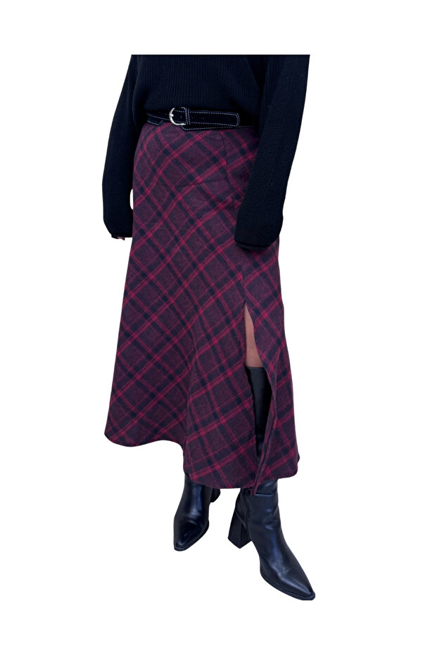 Women's High Waist Slit Belted Plaid Midi Skirt