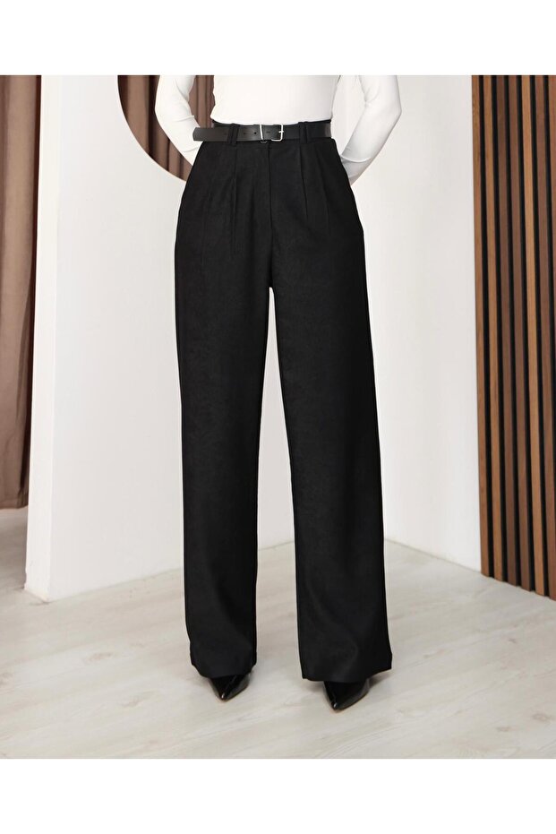 Women's Buttoned Corduroy Palazzo Trousers with Belt Gift Black