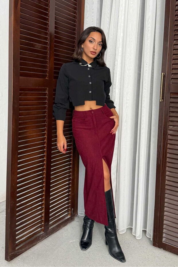 Corduroy Skirt - Burgundy | F2033 - Claret Red