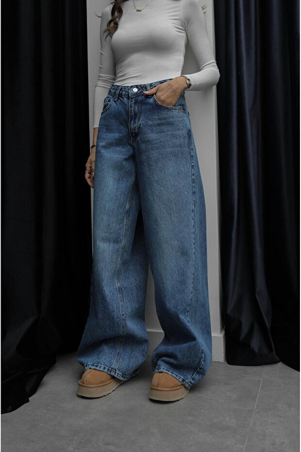 Mavi Puddle Effect Geniş Paça Jean - 3