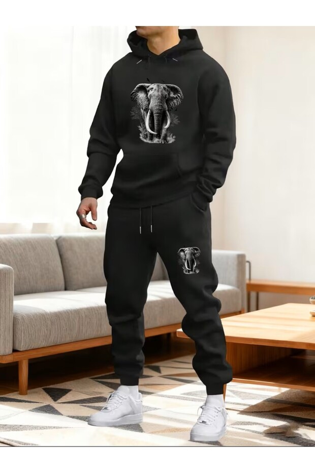 African Elephant, Wild Life Printed Two-Piece Men's Fashion K Hooded Sweatshirt Trousers Home Wear