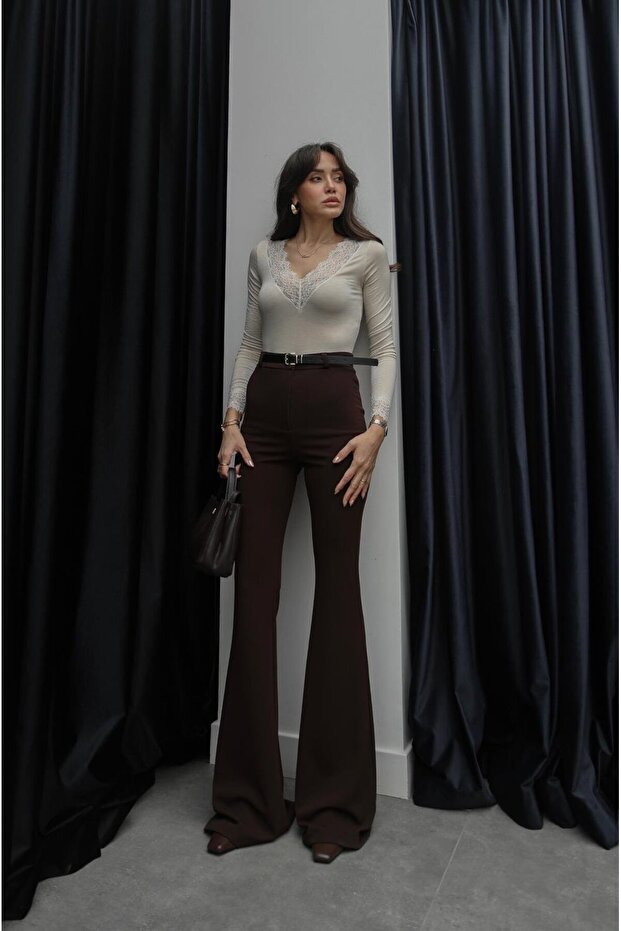 Brown Flared Belted Trousers
