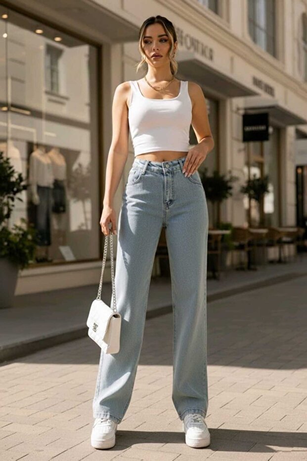 Julia 90's Light Blue Snow Stretch Fabric Super High Waist Loose Leg Denim Palazzo Pants