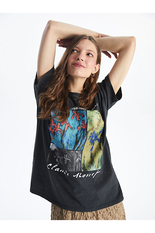 Anthracite Claude Monet Printed Cotton Women's T-Shirt