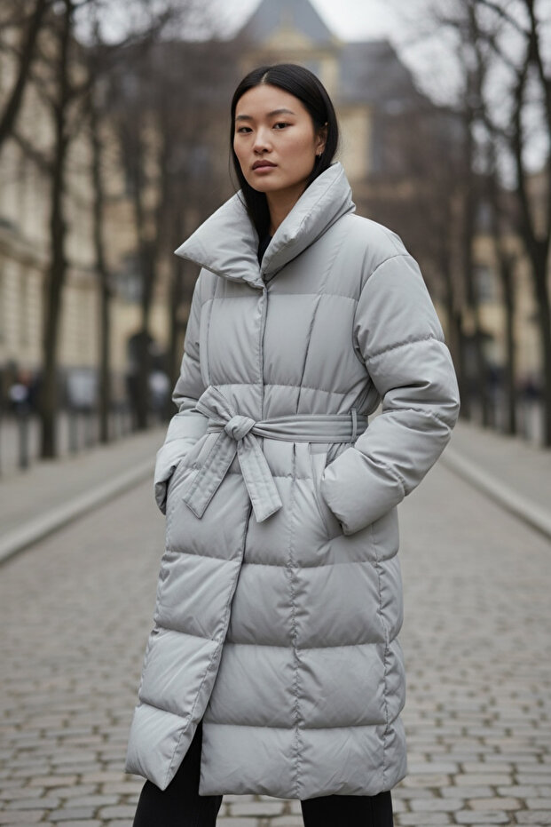 Women's Stand Collar Belted Maxi Length Gray Puffer Coat