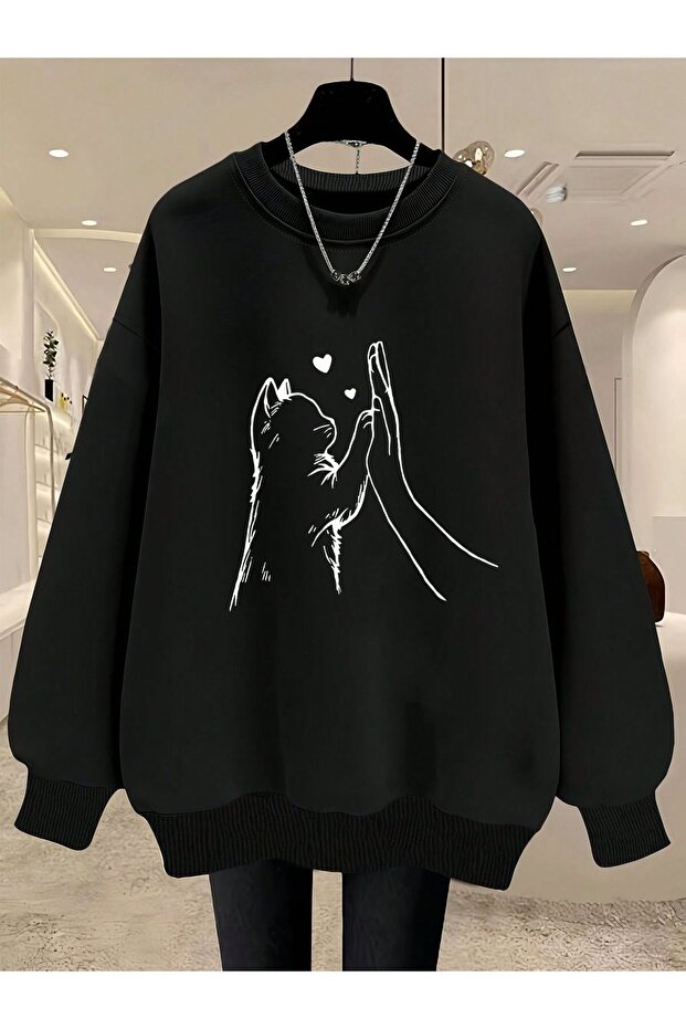 Hand, Cat, Heart Printed Girls Winter Children's Sweatshirt Black
