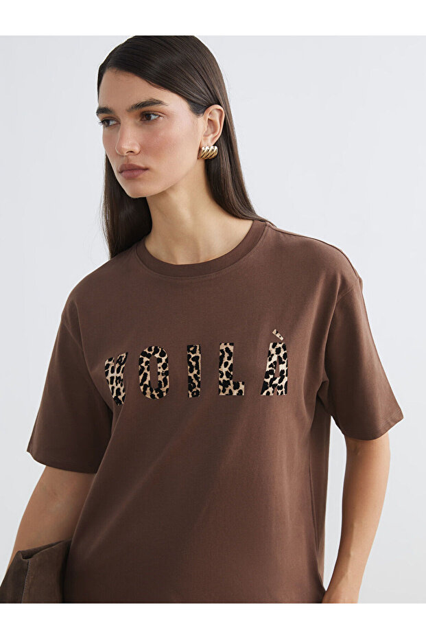 Brown Crew Neck Printed Oversize Women's T-Shirt