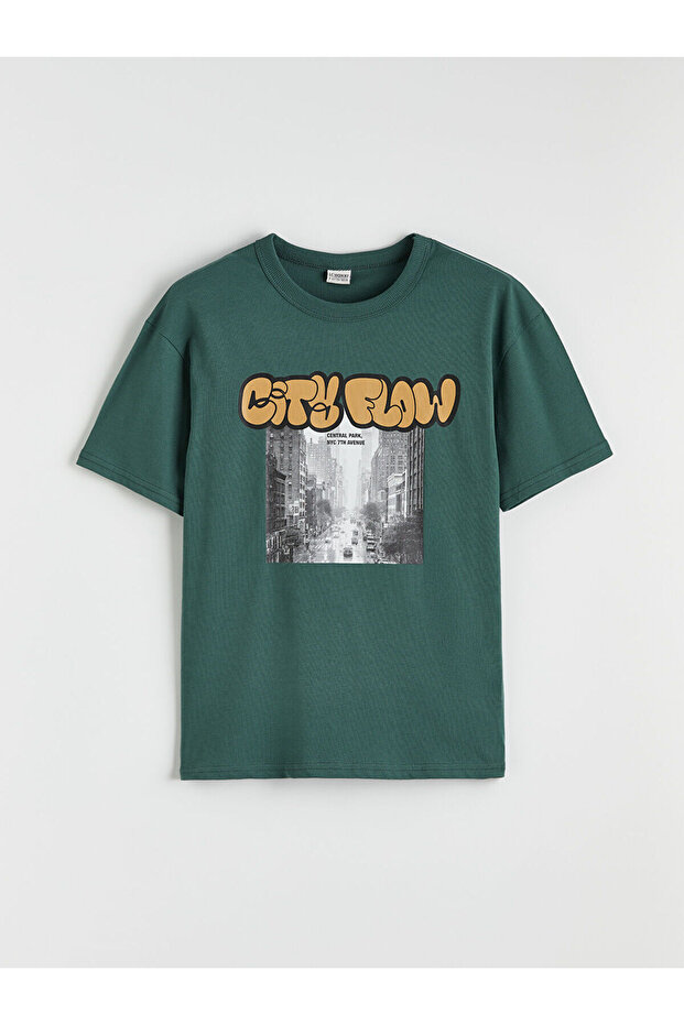 Green Crew Neck Printed Boy's T-Shirt