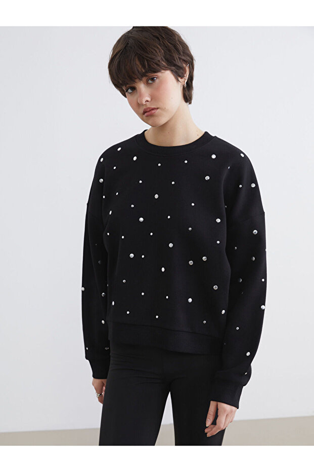Gray Crew Neck Stoned Women's Thick Sweatshirt (S6)