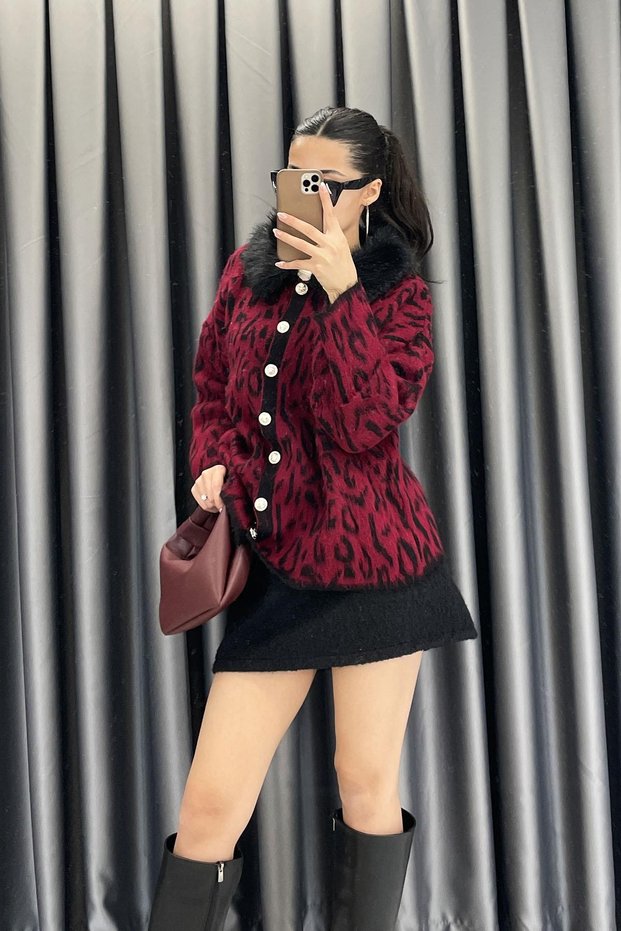 Gold Button Detail Fur Collar Leopard Cardigan - Burgundy Bordo