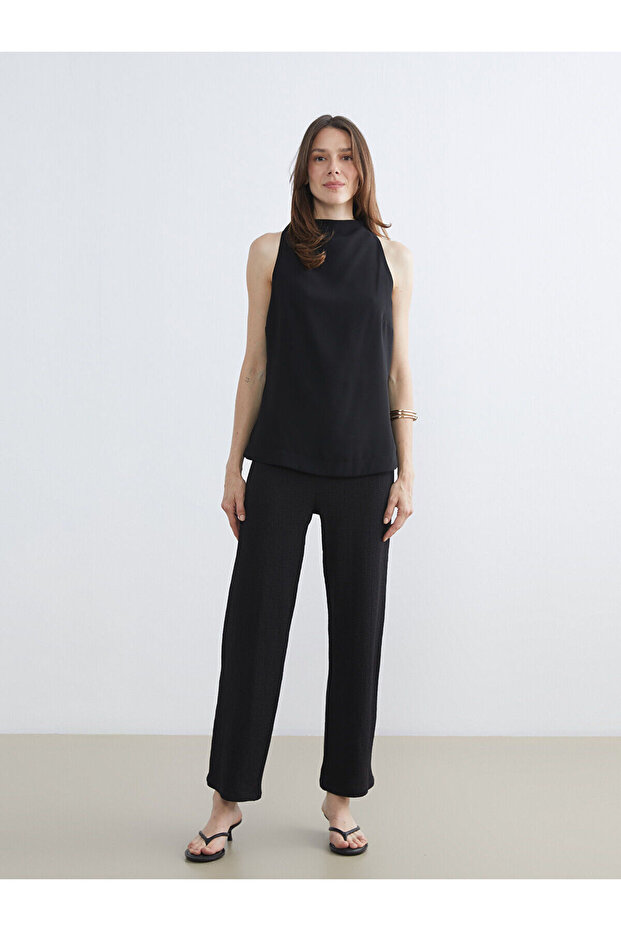 Black Textured Women's Trousers with Elastic Waist