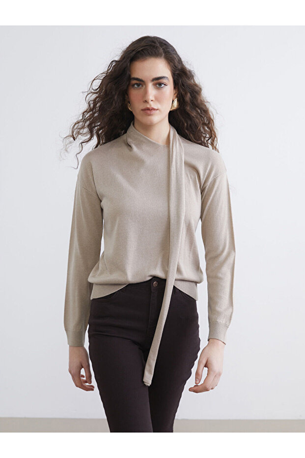 Beige shawl collar women's knit sweater