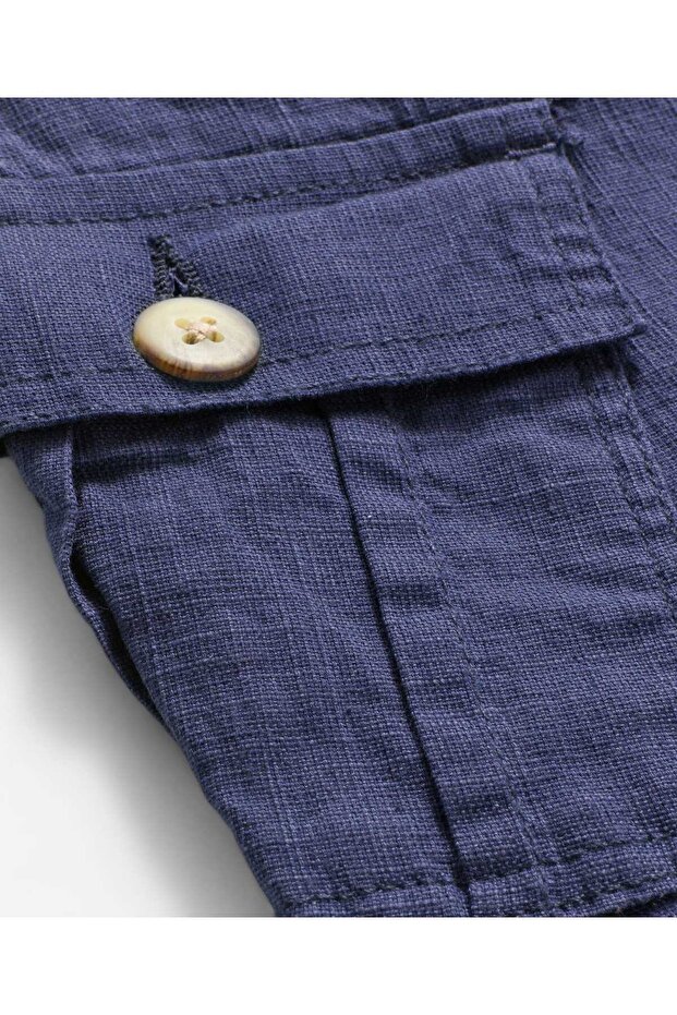بنطال قطني مطاطي سادة مع جيب جانبي كبير - أزرق داكن - 4