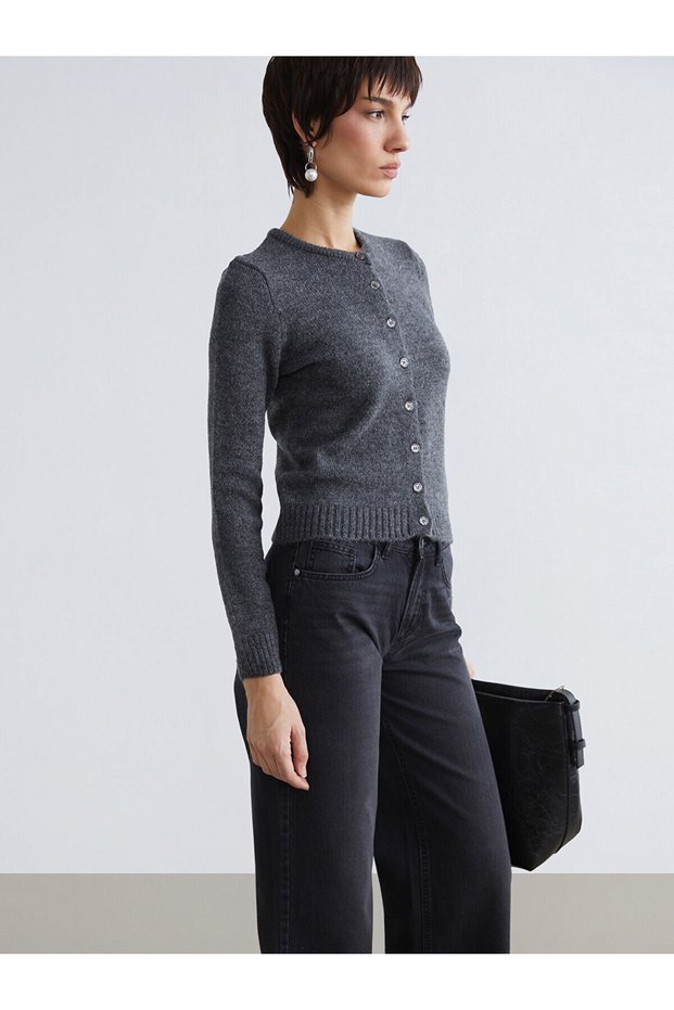 Gray Crew Neck Women's Knitwear Cardigan