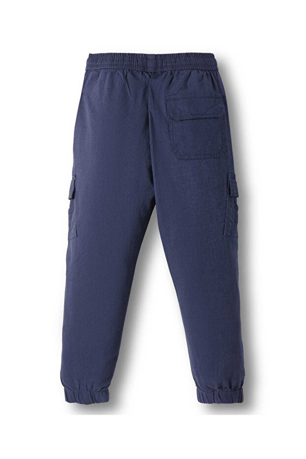 بنطال قطني مطاطي سادة مع جيب جانبي كبير - أزرق داكن - 2