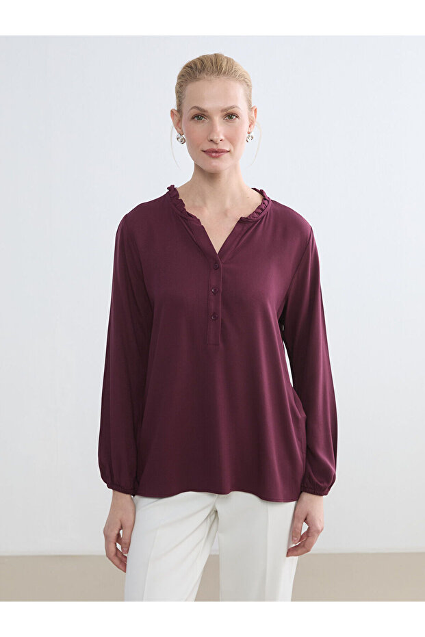 Burgundy Ruffled Mock Neck Blouse
