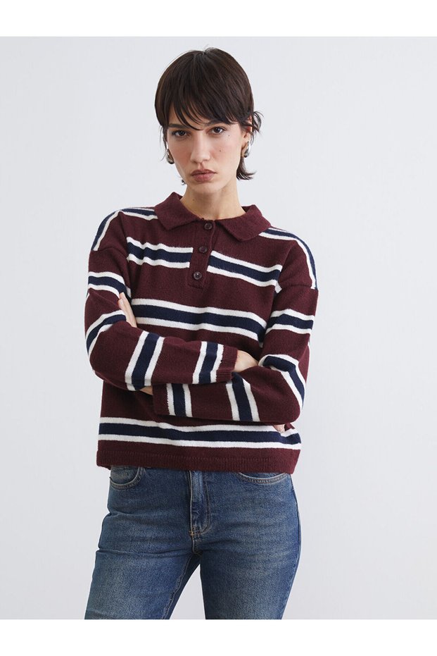 Red Polo Neck Striped Women's Knitwear Sweater