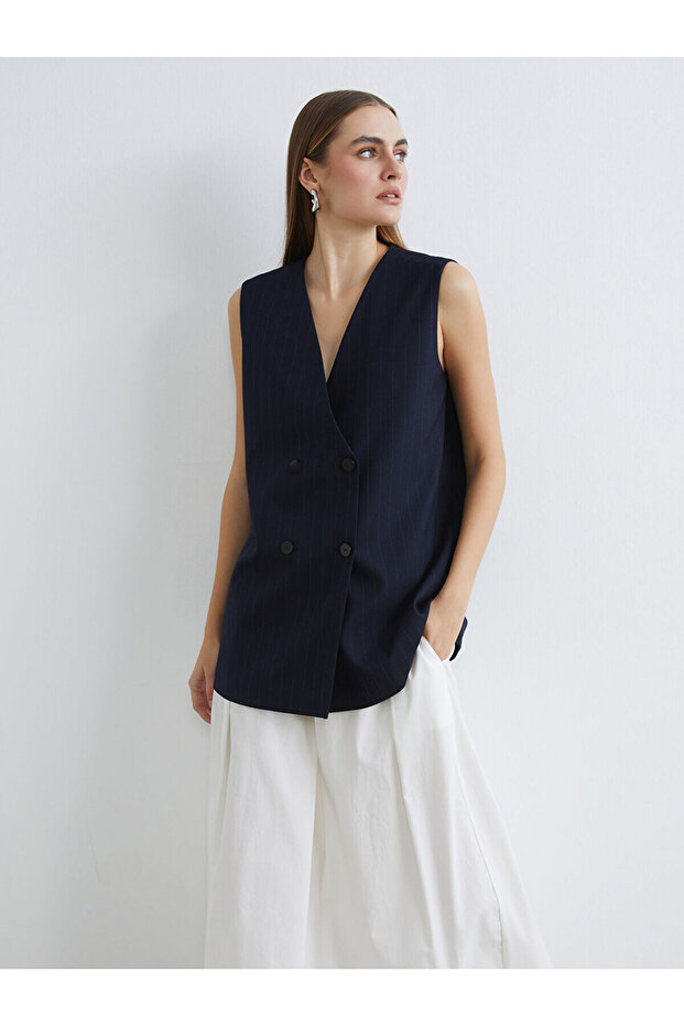Navy Double-Breasted Collar Striped Women's Classic Vest