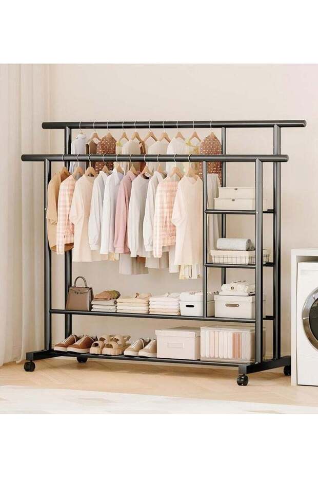 Large Capacity Rolling Garment Rack, Metal Clothes Rail with Shelves and Caster Wheels, Practical Wa