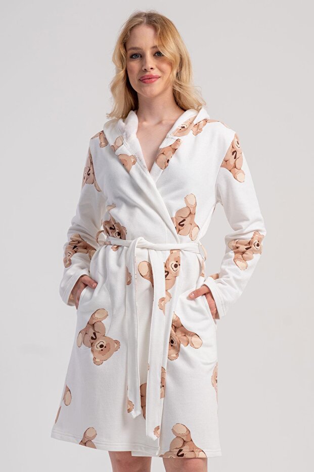 Women's Hooded Long Sleeve Belted Dressing Gown Teddy Bear Patterned Beige C9T6N1205