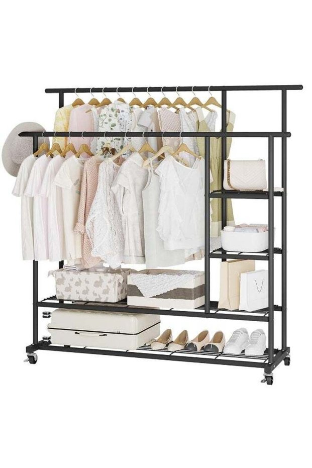 Metal Clothes Rack Organizer with Hanging Rod and Shelves, Rolling Garment Stand with Wheels for Eas