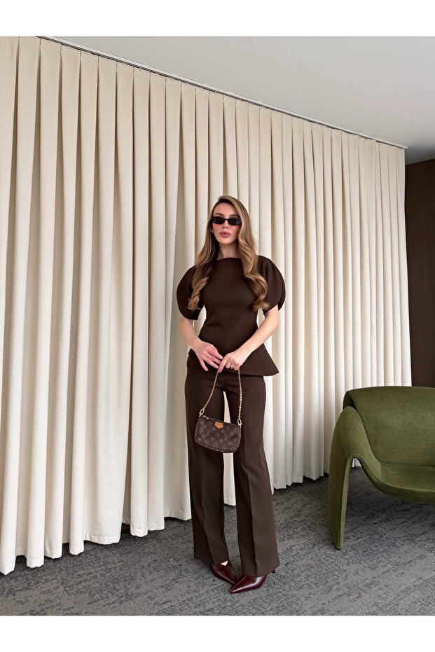 Brown Balloon Sleeve Asymmetric Blouse Pants Set - 25194