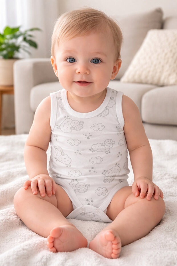 100% Cotton, Snap Fasteners at the Bottom, Zero Sleeve, Cloud Lamb Patterned Newborn Baby Bodysuit, 0-9 Months