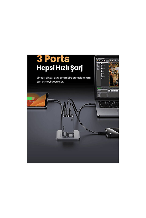 Nexode Pro 65W GaN Hızlı Şarj Cihazı Type-C QC PD 2xUSB-C, 1xUSB-A, 1.5M 100W Kablo Dahil, Uz - 4