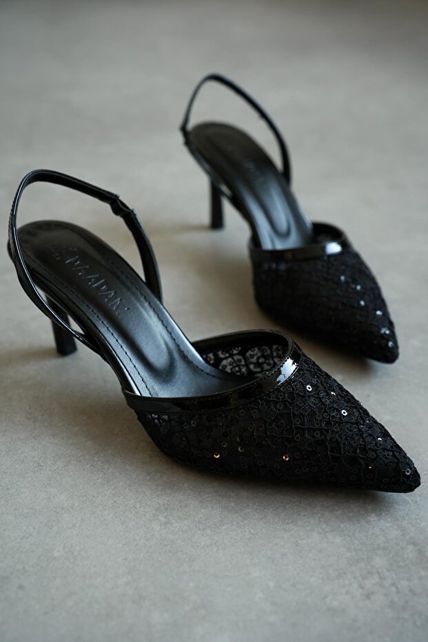 Kadın Lucco Pullu Dantelli Topuklu Ayakkabı - Siyah - 4