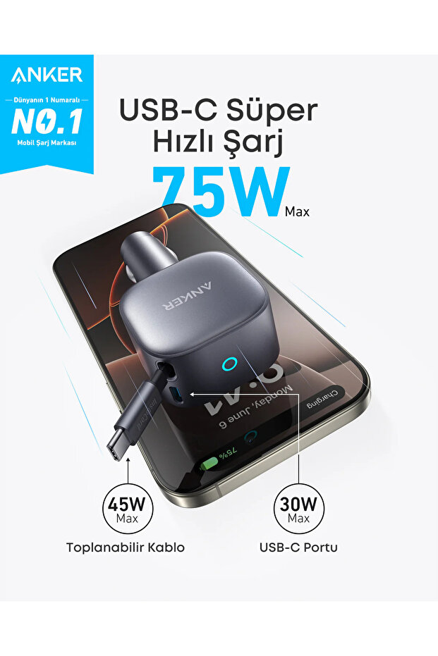 Nano 75W Makaralı Araç İçi Şarj Cihazı Siyah - 2