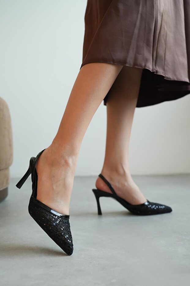 Kadın Lucco Pullu Dantelli Topuklu Ayakkabı - Siyah - 3