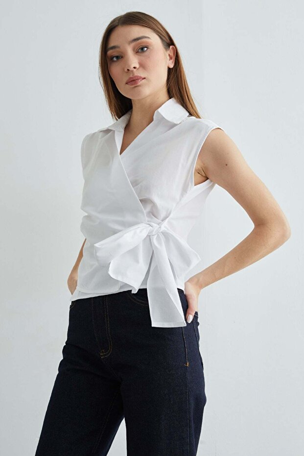 Side Tie Draped Double-Breasted Collared Shirt