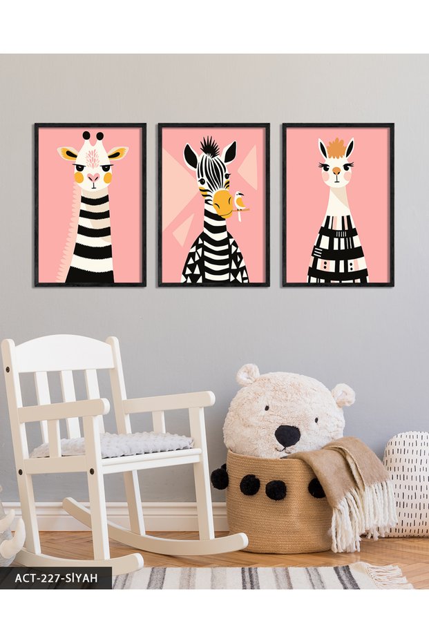 Animal Themed Children's Room 3 Piece Wooden Framed Painting Act
