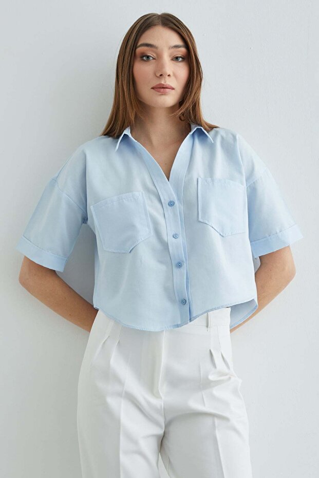Çift Cepli Oversize Crop Gömlek - 5