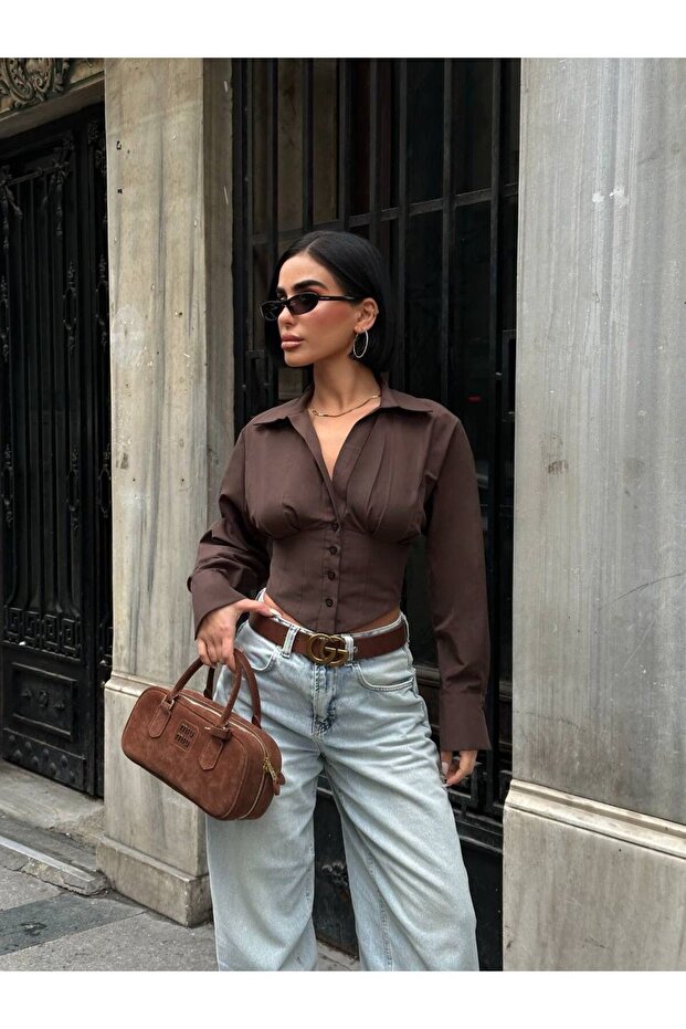Women's Brown Back Detailed Buttoned Shirt Yel221795