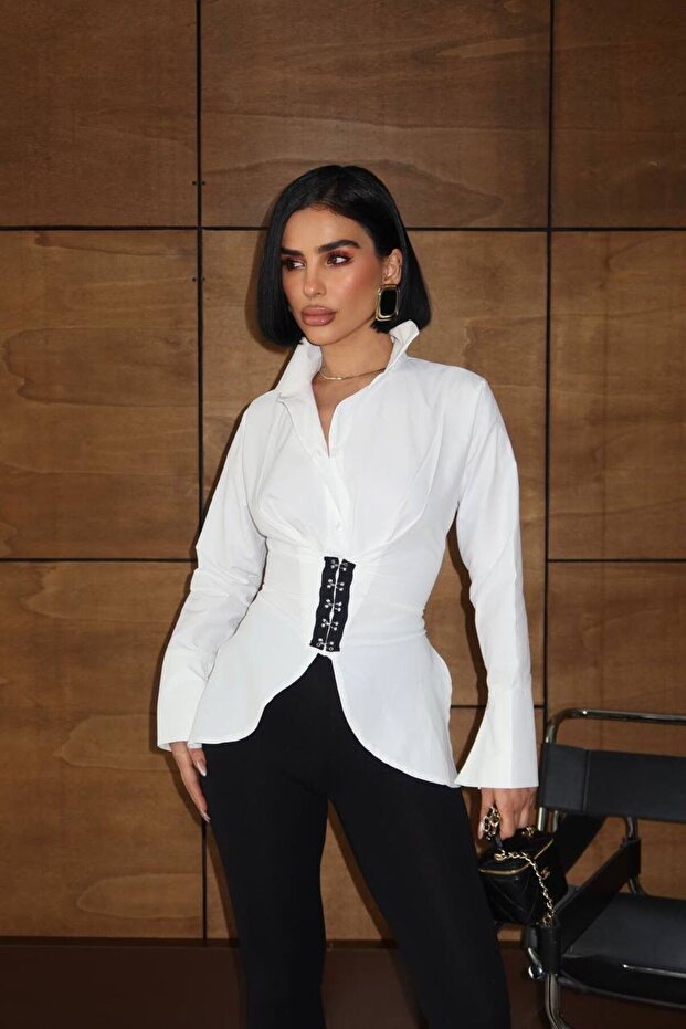 Women's White Hook Closure Back Tie Detailed Shirt Yel221805