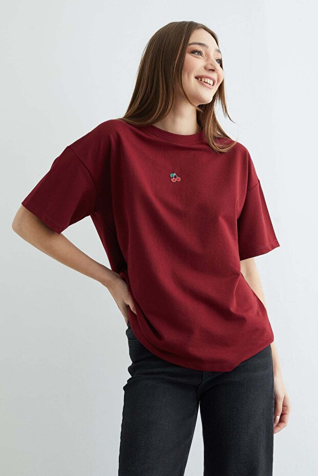 Cherry Accessory Crew Neck Oversized T-Shirt