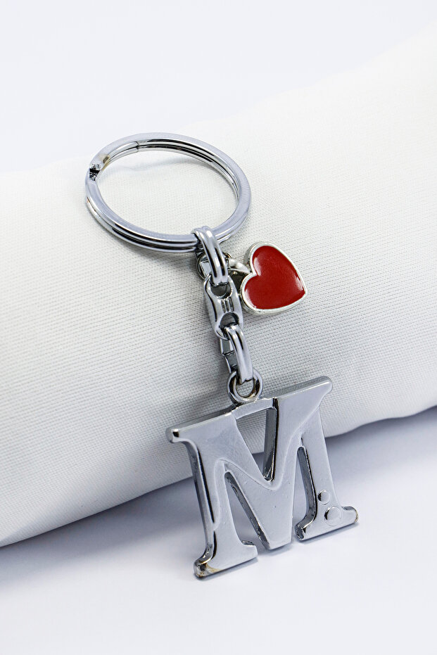 Red Metal Heart Silver Color Metal Letter m Keychain / Small Bag Ornament