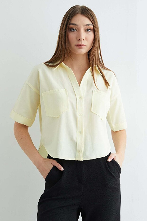 Çift Cepli Oversize Crop Gömlek - 2