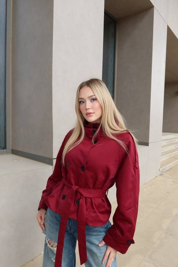 Women's Burgundy Epaulette Detailed Belted Short Trench Coat Yel221761