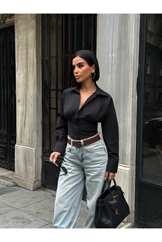 Women's Black Back Detailed Buttoned Shirt Yel221795