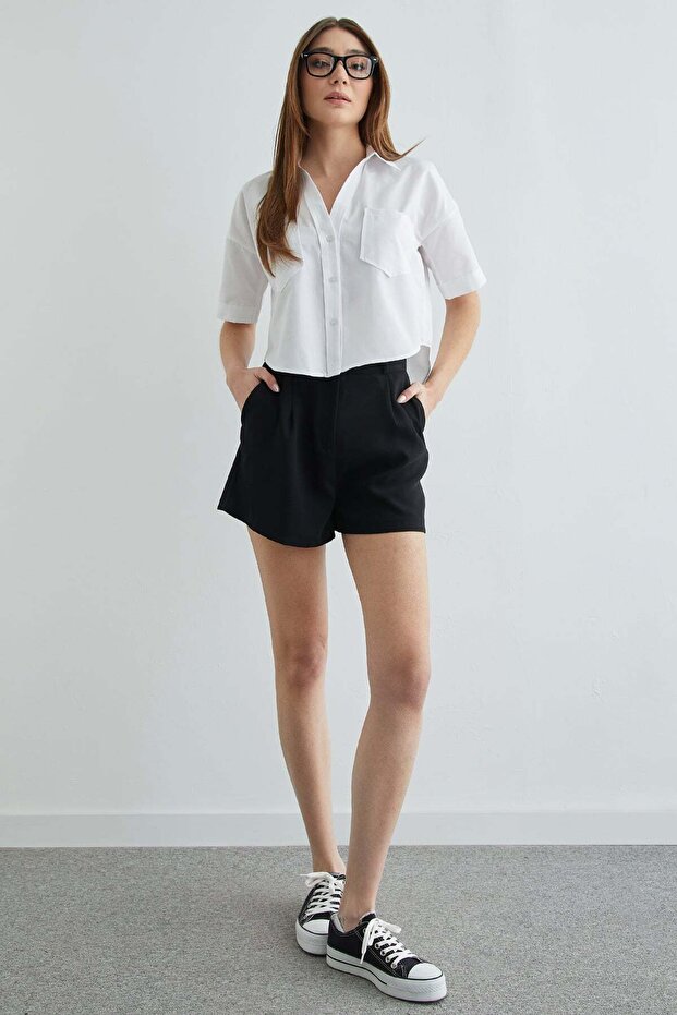 Çift Cepli Oversize Crop Gömlek - 2