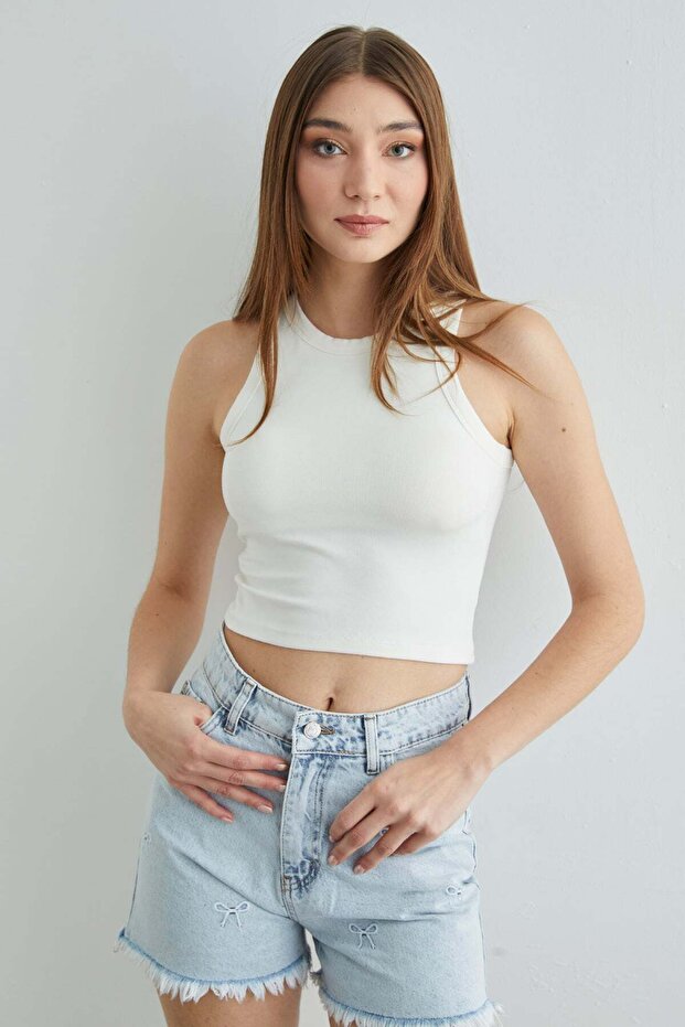 Basic Halter Yaka Kaplı Crop Body - 1